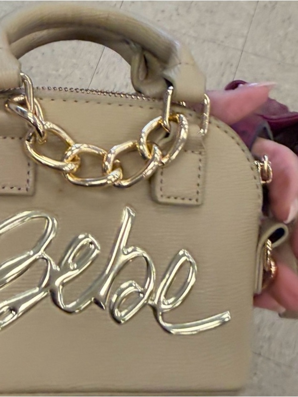 Y2K Bebe Mini Satchel Crossbody Bag Beige Gold Logo Glam